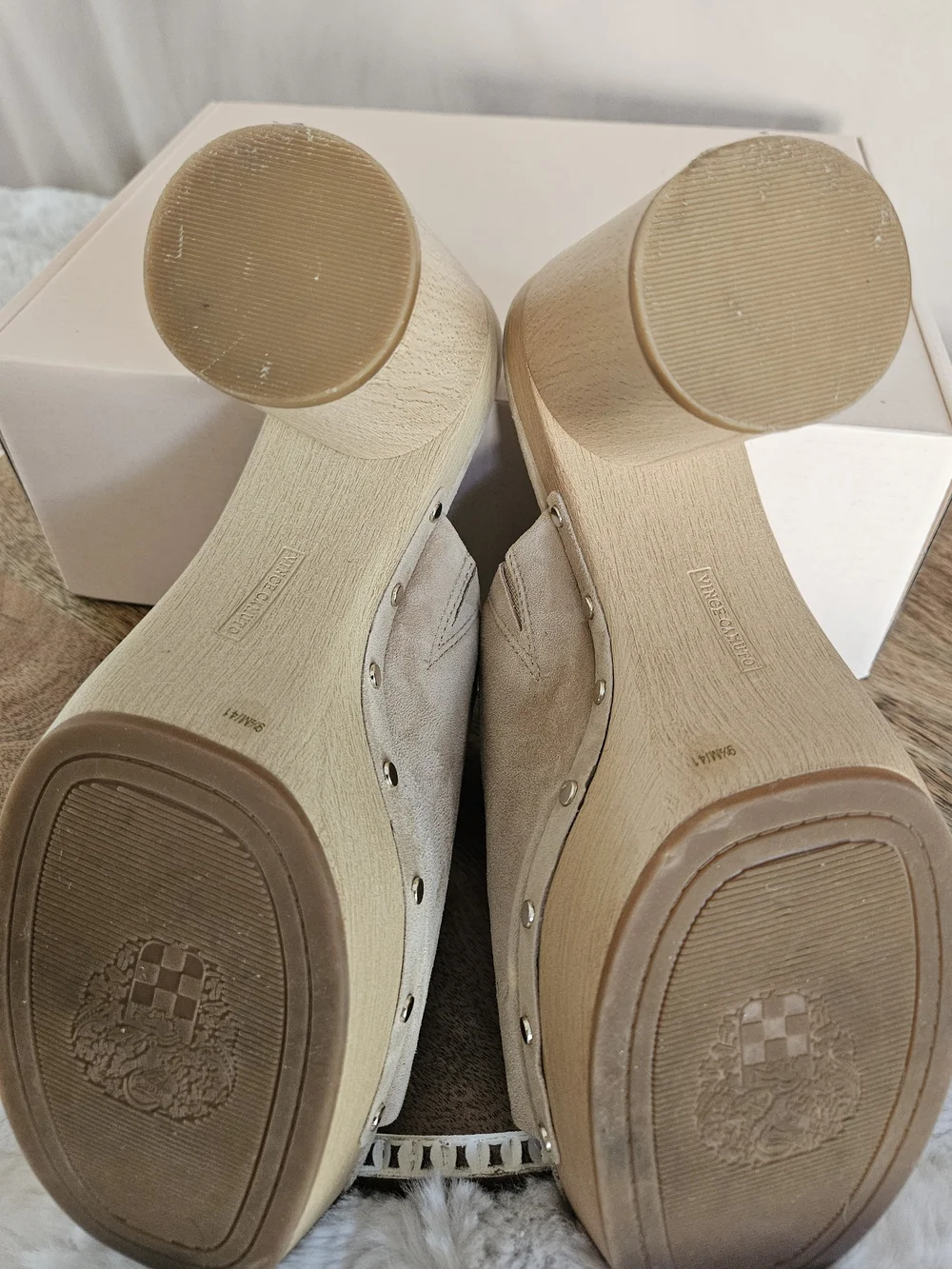 Vince Camuto Beige Suede Platform Mule Heels